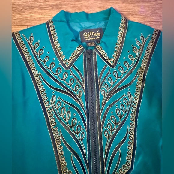 BOB MACKIE 🌟 Wearable Art 100% Silk Vintage wind breaker, emerald green, teal M - Picture 2 of 9